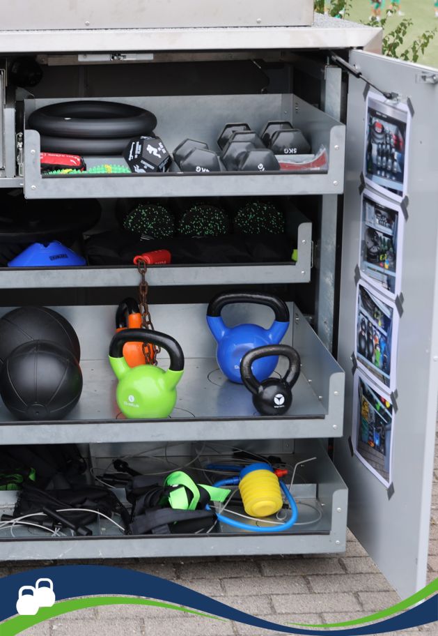 Sportbox mit diversen Trainingsgeräten