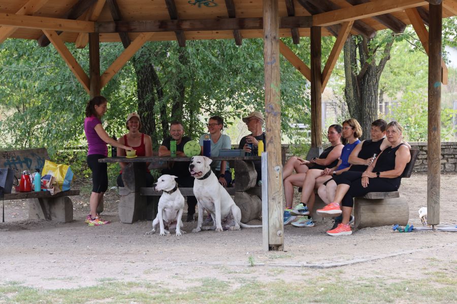 Eine Gruppe mit Hunden sitzt am Grillplatz